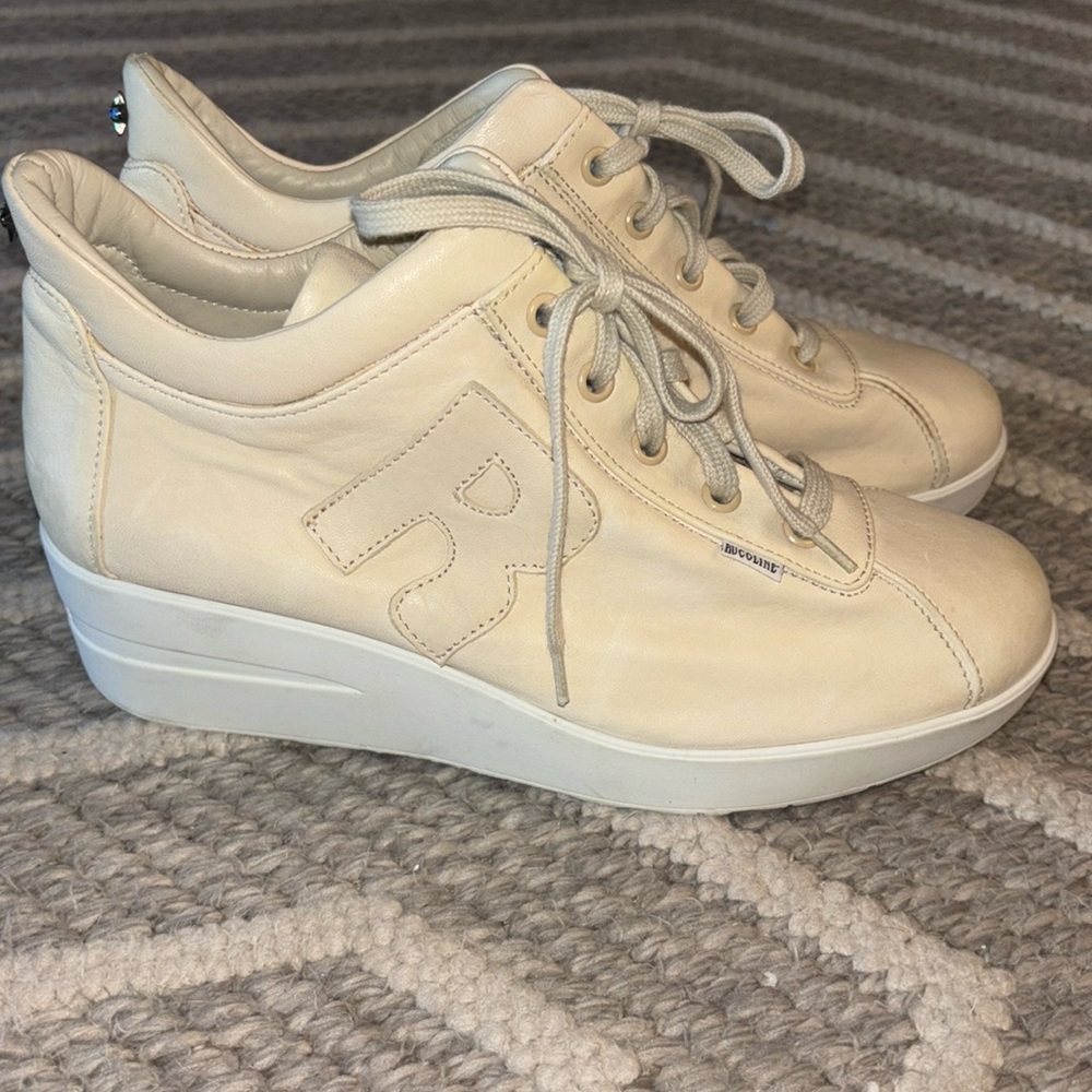 Rucoline Cream Leather Lace Up Hidden Wedge Platform Sneakers